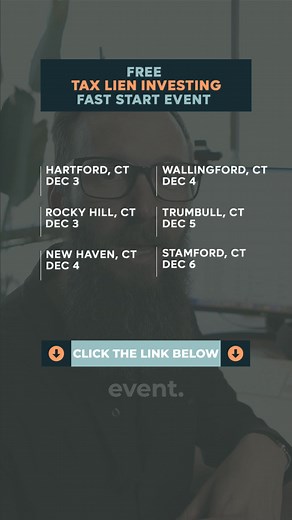 Join me at my FREE Live Tax Lien Investing Fast Start Event We're coming to the Hartford Area Dec 3-6 📅 100% FREE training on Tax Lien Investing in 2025 🏘📈 This training will cover...👇 ✅ How to bid on Tax Liens from home 🏠 ✅ Why you don’t need $1,000’s of dollars to invest in Tax Liens 💸 ✅ How to profit from Tax Liens without ANY previous experience💎 ✅ How to turn Tax Liens from just a “side hustle” into your main source of income 💰 Register Now! | Tax Lien Code