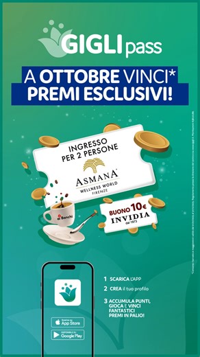Ottobre è pieno di sorprese con GigliPass! 🎉 Giochi, premi e divertimento ti aspettano ogni giorno! Vuoi vincere un ingresso per 2 persone da Asmana? 👉 Scarica l’app, crea il tuo profilo e tenta subito la fortuna! #gigliamo | I Gigli