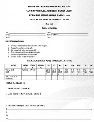 Grade 10 Fasihi ya Kiswahili Mid Term 2 2026 Exam