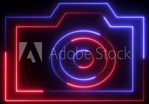 Glowing neon camera icon animated background. Abstract symbol icon of dslr camera