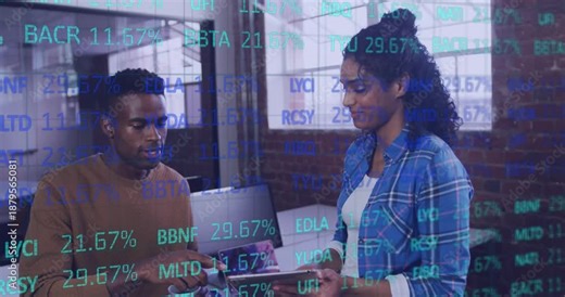 Woman positioning tablet, presenting finance data while man pointing, ticker overlay showing %