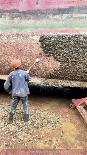 Ship Maintenance: Scraping off dirt from the hull with a shovel
