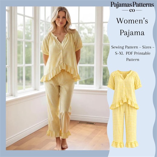 Women’s Sleepwear Sewing Pattern PDF | Ruffle Pajama Set | Sizes S–XL | A0 & A4 Files