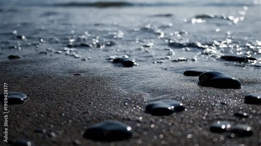 Intertidal Zone Details Focus on the transition point where gentle waves meet sand and small pebbles.