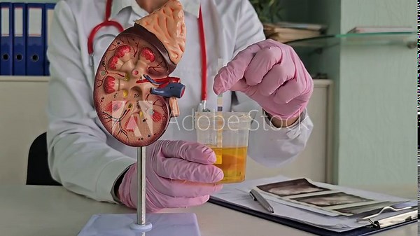Doctor demonstrates kidney function using model and urine sample during health consultation