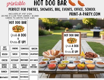 Hot Dog Bar Printable – Food Station Sign & Topping Tent Cards for Events