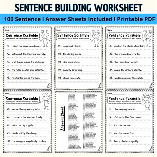 Sentence Building Worksheets for Kindergarten, Build 100 Simple Sentences, Printable Writing Activity - Etsy