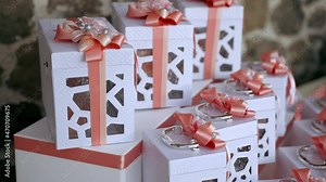 Traditional Italian bomboniere gift boxes with presents inside and decorated with beautiful apricot bows, confetti gift boxes on banquet table at the formal reception. Party souvenirs for invited