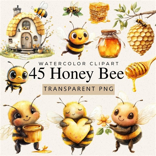 Watercolor Honey Bee Clipart, 45 PNG Images, Garden Bumblebee Hive Illustration (digital Download) - Etsy