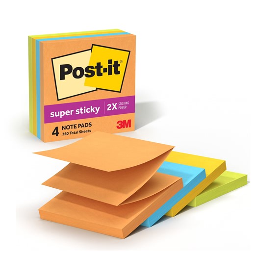 Post-it Super Sticky Dispenser Pop-up Notes, 3 in. x 3 in., Energy Boost, 4 Pads