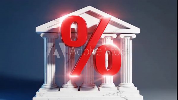 Bank building with percent symbol interest rate concept