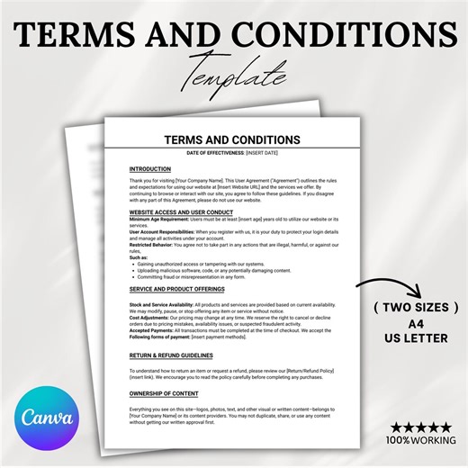 Terms and Conditions Template, Customizable Agreement for Small Business, Shop Policies, Legal Documents, US Letter & A4, Canva Template - Etsy