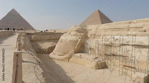 Scaffolding on The Great Sphinx Sculpure Restoration works, Giza Pyramid Complex, Egypt