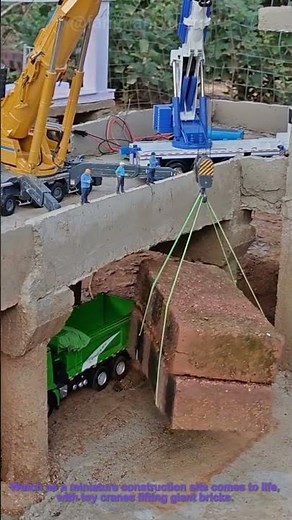 Miniature Construction: Toy Cranes Lift Giant Bricks in a Tiny Building Site
