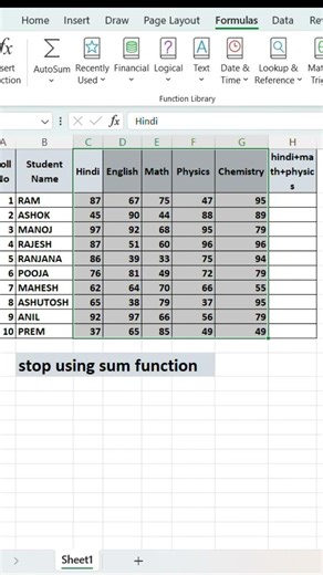 Excel Create From Selection Trick 😱 | Formula 1 Click Me Auto Add | Hindi + Math + Physics Total