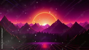 Synthwave tech Vaporwave, synthwave retro style neon landscape geometrical lines background with Hills, sunset . 80s retro futuristic - Seamless loop animation, created using AI Generative Technology