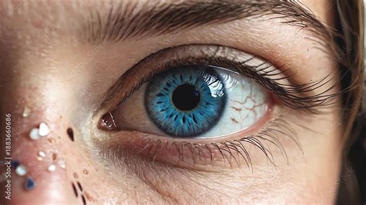 Close up AI stock footage shows intense blue eye frontal gaze detailed realistic eyelashes