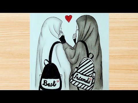 How to draw sketch of best friends in hijab || step by step || easy to draw #hijab #trending #viral