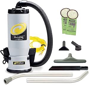 ProTeam Commercial Backpack Vacuum, QuietPro BP Vacuum Backpack with HEPA Media Filtration and Carpet Two-Piece Wand Tool Kit, 6 Quart, Corded