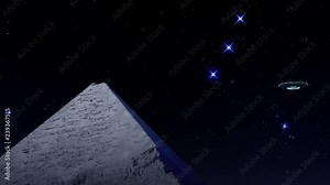 Flying saucer flying over a pyramid and connecting with a energy ray - 3D rendering