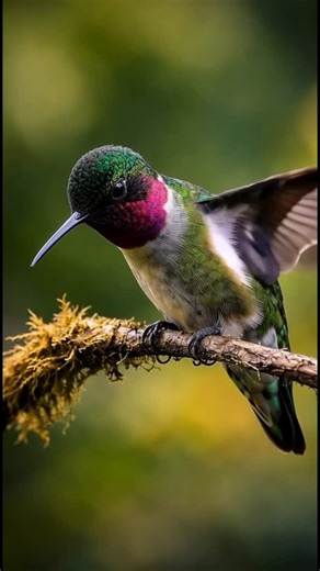 Bloggster on Instagram: "Amazing😻 bird 🐦 (Radiant Ruby-Throated Hummingbird Perch) A striking male Ruby-throated Hummingbird (Archilochus colubris) rests on a mossy branch, showcasing its iridescent emerald green back, vivid ruby-red throat gorget, white underbelly, and sleek black bill against a soft, blurred forest backdrop #RubyThroatedHummingbird #BirdPhotography #NaturePhotography #Wildlife"