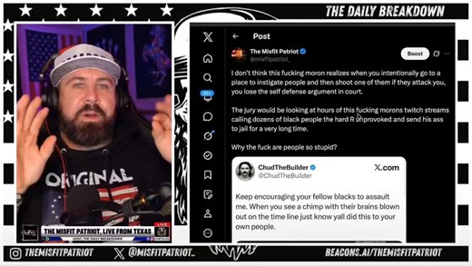 Here’s some not so friendly advice for that fucking moron @ChudTheBuilder Under Tennessee Code § 39-11-611, a person loses the right to claim self-defense if they "provoked or initiated the confrontation"You’re gonna get shot, and create BLM 2.0. That’s the only fucking reason I care about saving your fucking life. It’s not worth the clicks, so knock it off before you win a gold medal in the Darwin Olympics.