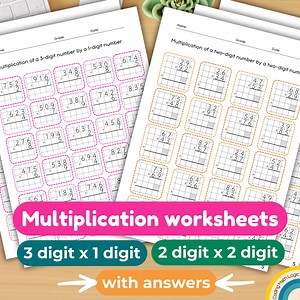 Multiplication Worksheets: 2 & 3 Digit Math Problems (PDF Download) - Etsy