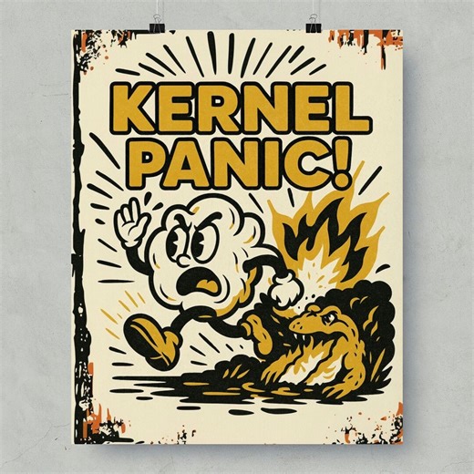 Kernel Panic Poster, Funny Popcorn Art Print, Vintage Alligator Wall Decor, Retro Cartoon Kitchen Artwork, Unique Home Cinema Gift Posters - Etsy