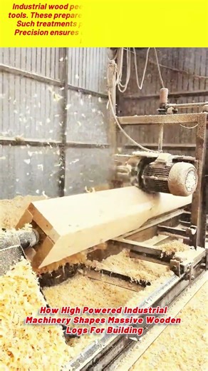 How High Powered Industrial Machinery Shapes Massive Wooden Logs For Building