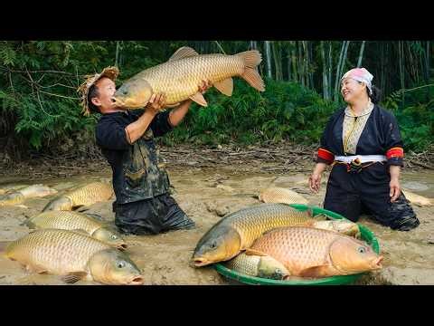 The dwarf family harvests fish together to sell and tends to their garden - Primitive survival skill