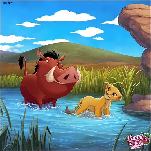Happy Color - Lion King: Young Simba Gets Saved By Pumbaa For Falling Out Water (Disney Pics)
