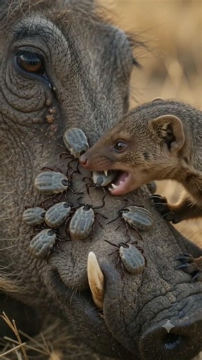 Tiny Mongoose Removes Giant Blood Ticks From a Warthog's Face! 🐗😱
