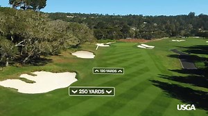 No. 1 at Pebble Beach is a dogleg right par-4 with two bunkers along the left side of the fairway. The green is tightly guarded on the left and right. | U.S. Open Championship