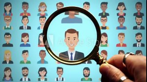 Illustrative avatars presented behind a magnifying glass held by a hand, set against a light blue background