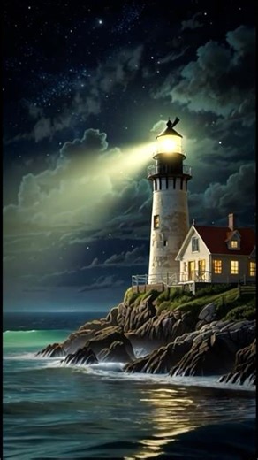 Peaceful Lighthouse at Night 🌊✨ | Ocean Waves #relax #ocean #ambient
