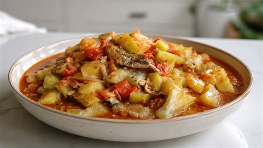 Sardines bring a savory boost to sauteed bottle gourd