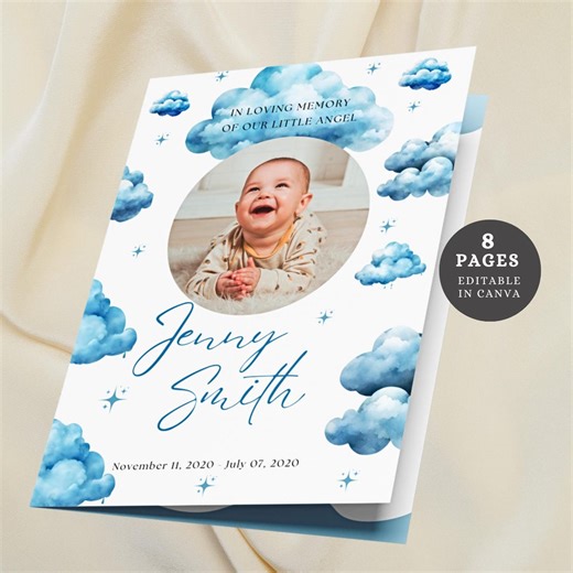 Blue Clouds Funeral Program Canva Template for Baby Boy Editable Child Memorial Service, Celebration of Life, Infant Obituary Template - Etsy
