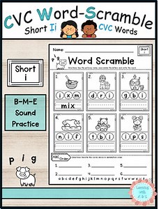 Short i, CVC Word Scramble, Beginning, Middle, End, Letter Sound Worksheets