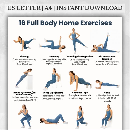 Full Body Home Workout Chart | 16 Easy Exercises | Printable Exercise Poster | Home Workout Routine PDF | Fitness Wall Art | A4 & US Letter - Etsy UK