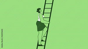 Green Style Woman Flat Character Climbing Up the Ladder. Isolated Loop Animation with Alpha Channel Stock Video