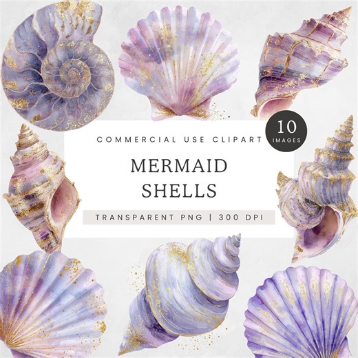 Purple Mermaid Shell Clipart, Watercolor Seashell Pngs With Gold Glitter, Ocean Fantasy Digital Art, Transparent Shell Graphics - Etsy