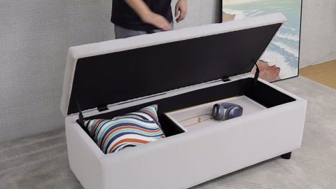 Fluffy Fabric Storage Ottoman Bench with Seating for Living Room, Entryway, Wood Frame, Light Grey