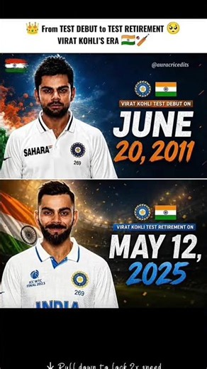 Virat Kohli debut test match in 11 june 2011 and retirement 12 may 2025🇮🇳🥺🏏