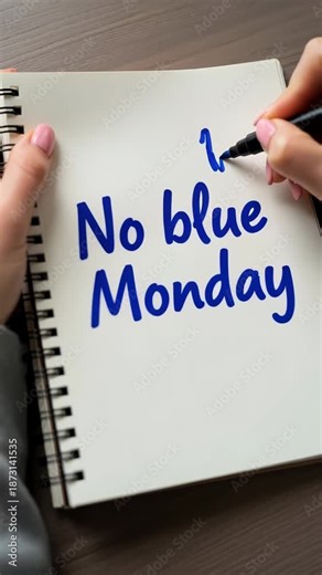 Transforming "no blue monday" into a positive message on notepad with blue marker