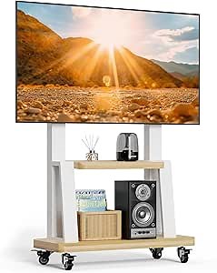 Mobile TV Stand,Rolling TVs Cart on Wheels Height Adjustable Heavy-Duty Floor Stand with Steel Shelf Base for 32-75 Inch LCD LED OLED Flat Panel Screens Smartboard Movable Holds up to 110lbs (White)