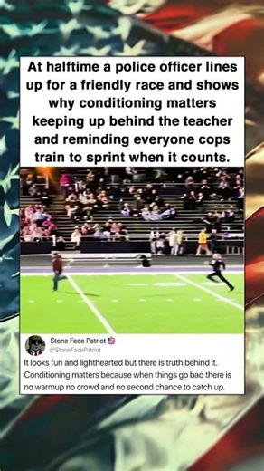 At halftime a police officer lines up for a friendly race and shows why conditioning matters keeping