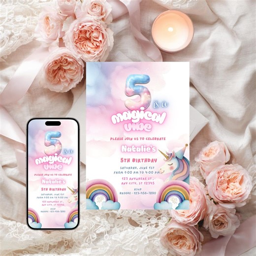 Plantilla de Canva para invitación de cumpleaños de niña de unicornio arcoíris de 5 años, invitación para fiesta infantil de pony de cuento de hadas en tonos pastel con temática de cinco años. - Etsy España