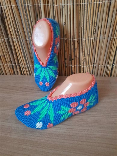 Handmade Blue Flower Pattern Tunisian Crochet Slippers - Traditional Knit Turkish Booties - Cozy Home Gift for Women - Size 36-38 - Etsy