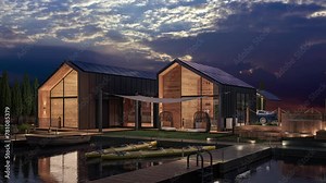 Luxury Seaside Vacation Home with Photovoltaic Energy Supply by Night - loop-able 3D Visualization