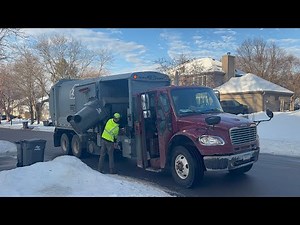 Suburban waste Freightliner Labrie manual side loader garbage truck-‪@minnesotagarbageman‬ in action